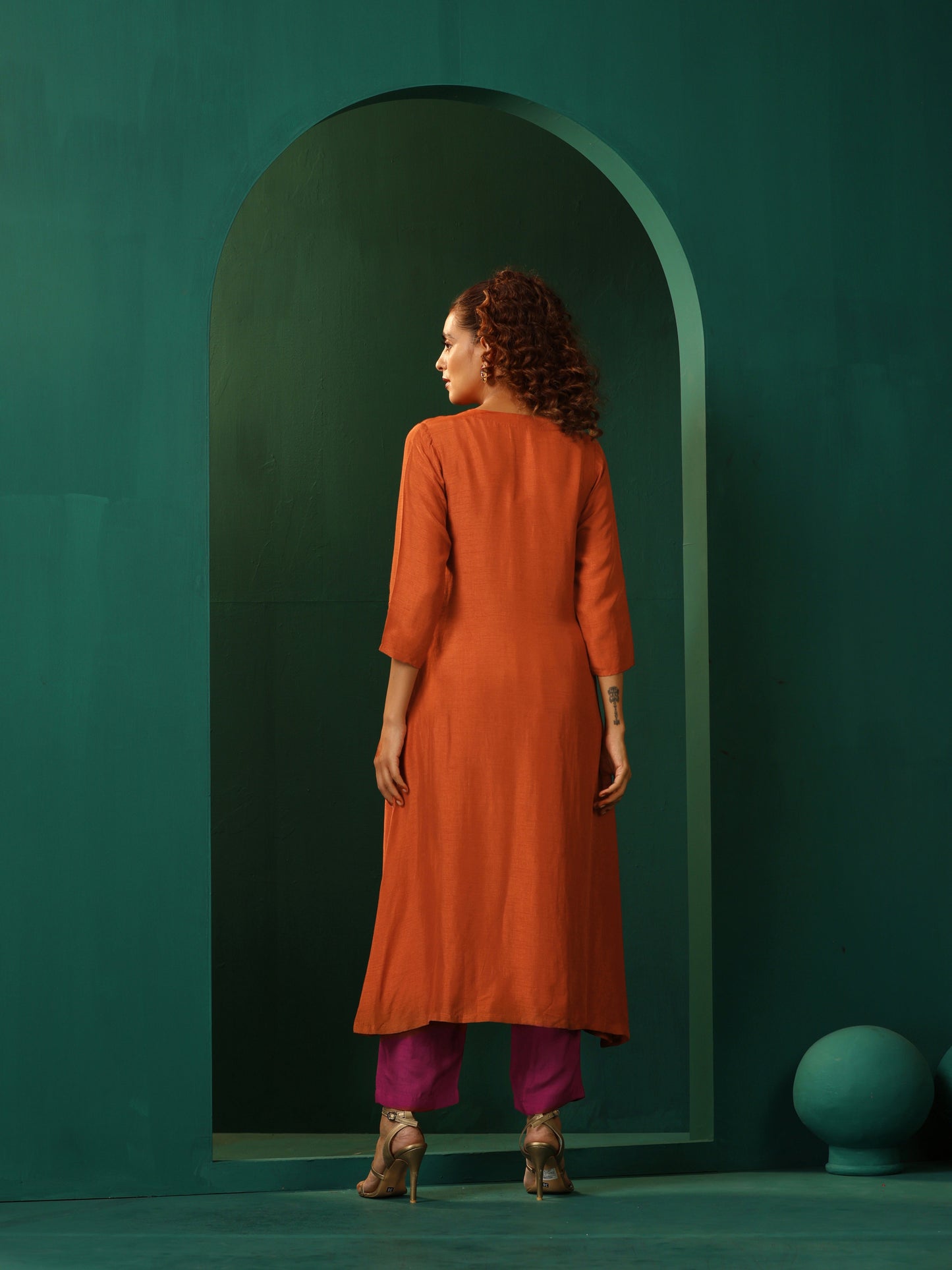 trueBrowns Rust Silk Angrakha Kurta Pant Set | Swadesiicart