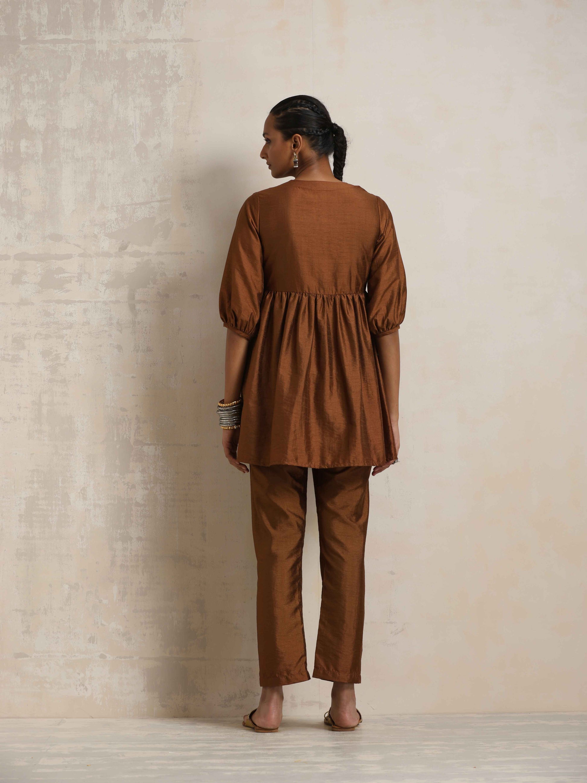 trueBrowns Brown Silk Angrakha Co-ord Set - Swadesiicart