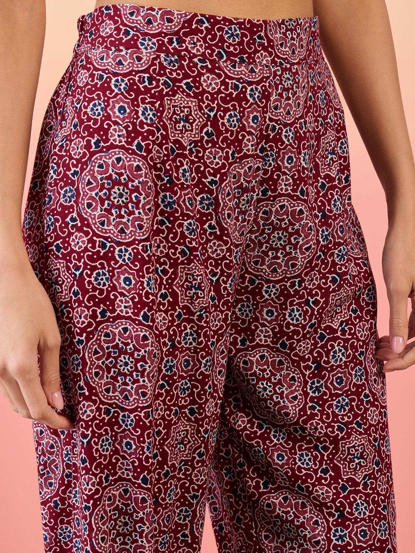 InWeave Maroon Navy Ajrakh Foil Round Neck Kurta Pant Set - Swadesiicart