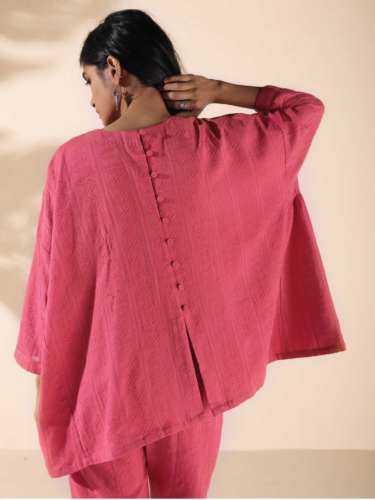 trueBrowns Pink Cotton Dobby Oversized Co-ord Set - Swadesiicart
