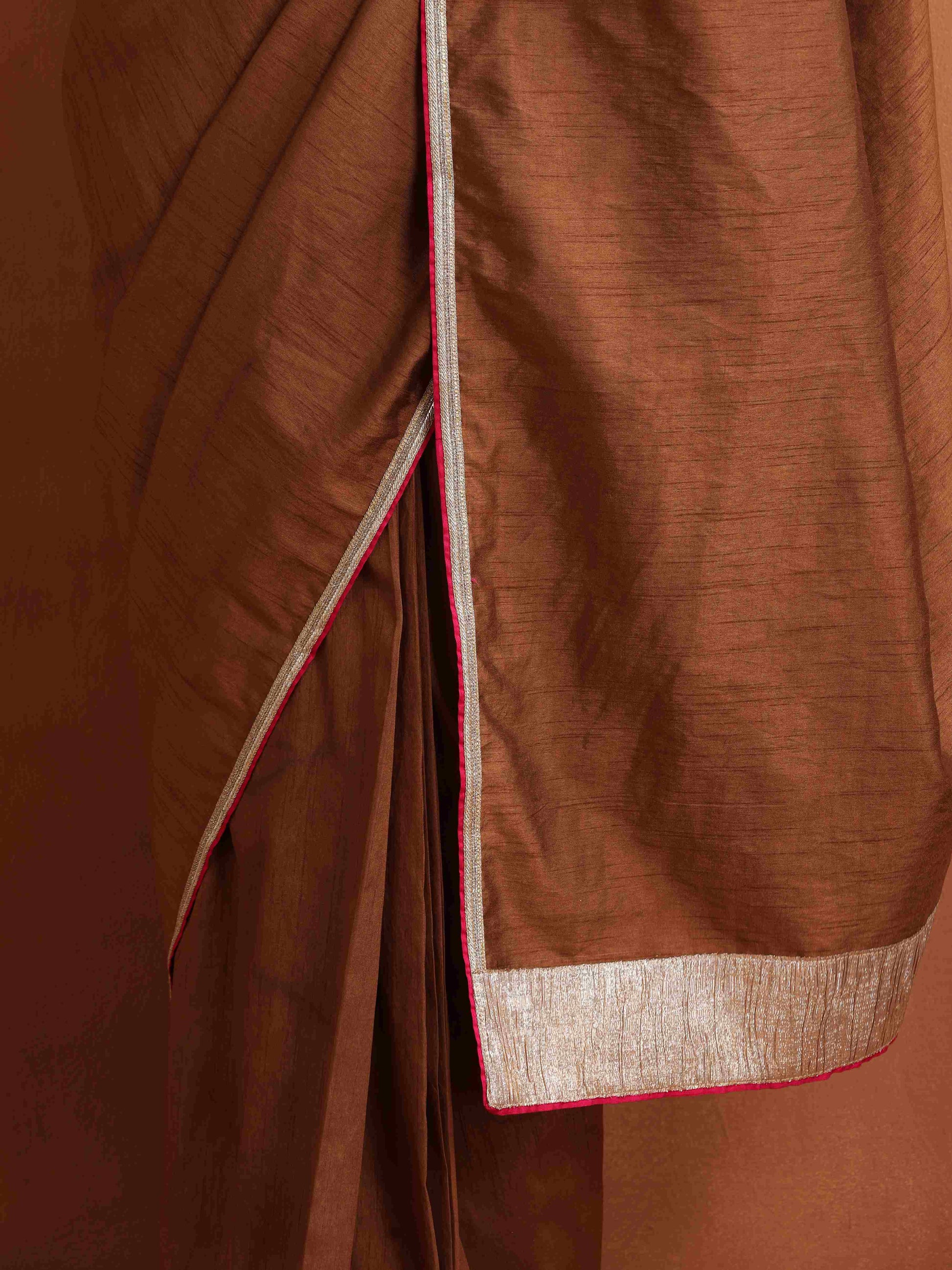 trueBrowns Brown Silk Ready To Wear Saree | Swadesiicart