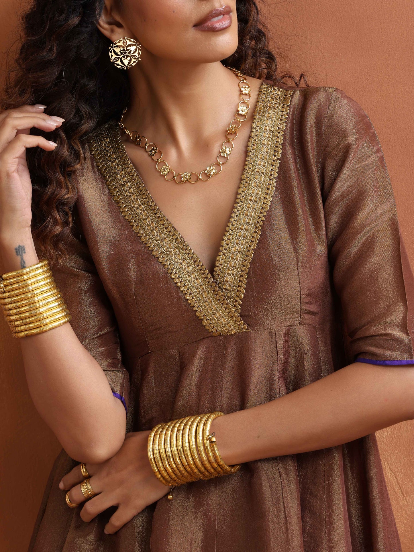 trueBrowns Bronze Tissue Flared Anarkali Kurta Set | Swadesiicart