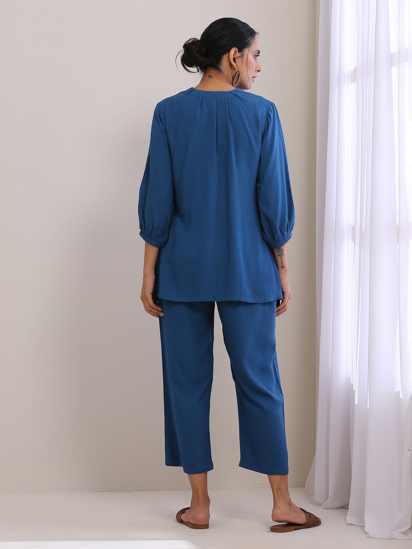 trueBrowns Classic Blue Dobby Pleated Co-Ord Set - Swadesiicart