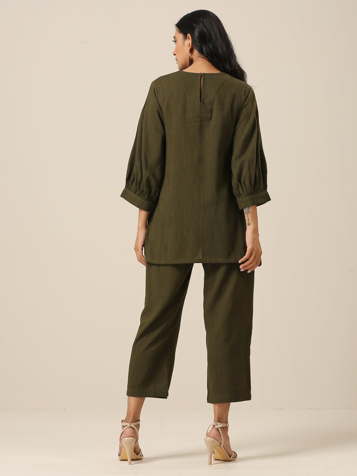 trueBrowns Olive Green Slub Texture Baggy Sleeve Co-Ord Set - Swadesiicart