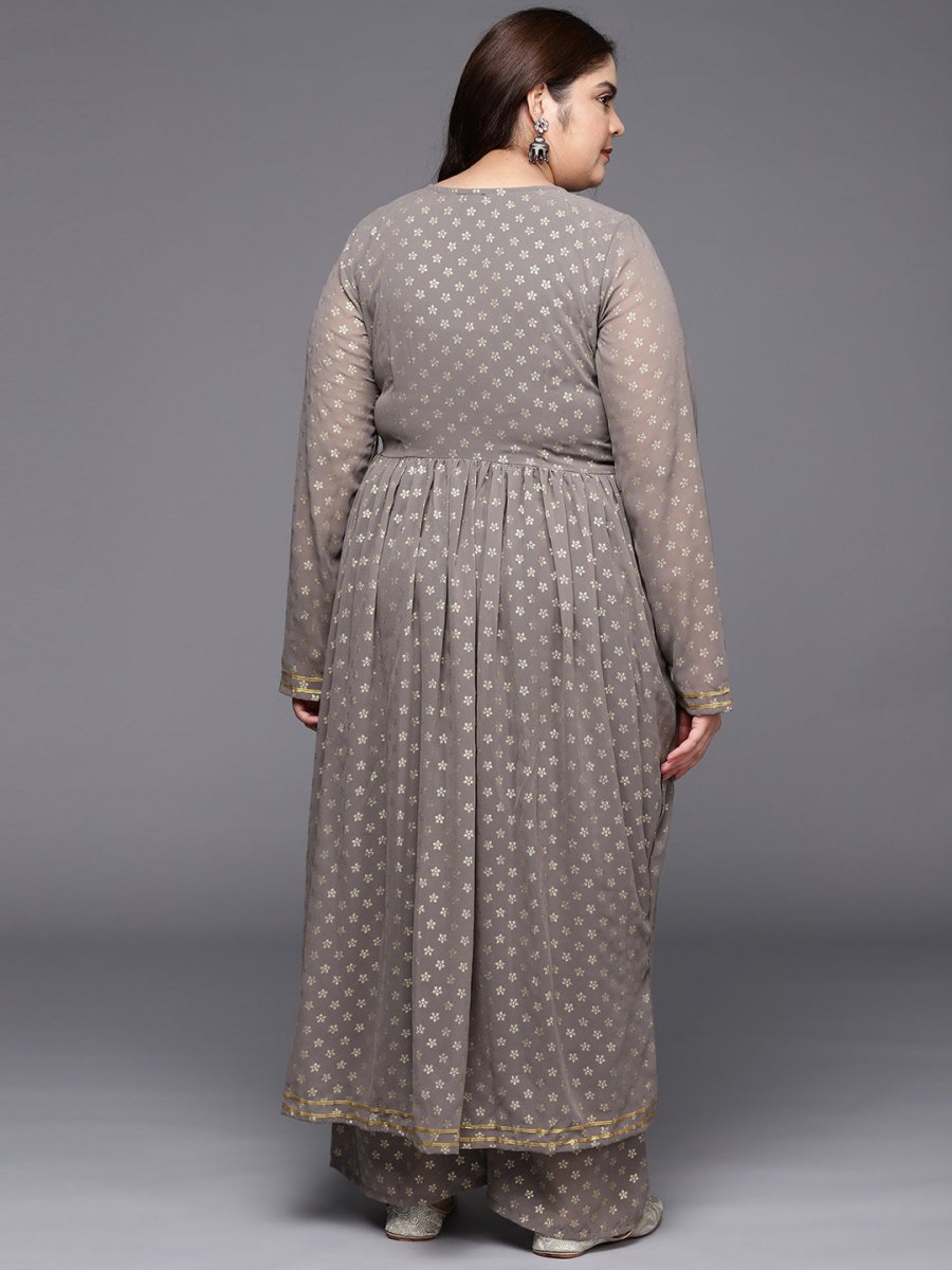 Ahalyaa Plus Size Floral Printed Zari Angrakha Kurta with Palazzos | Swadesiicart