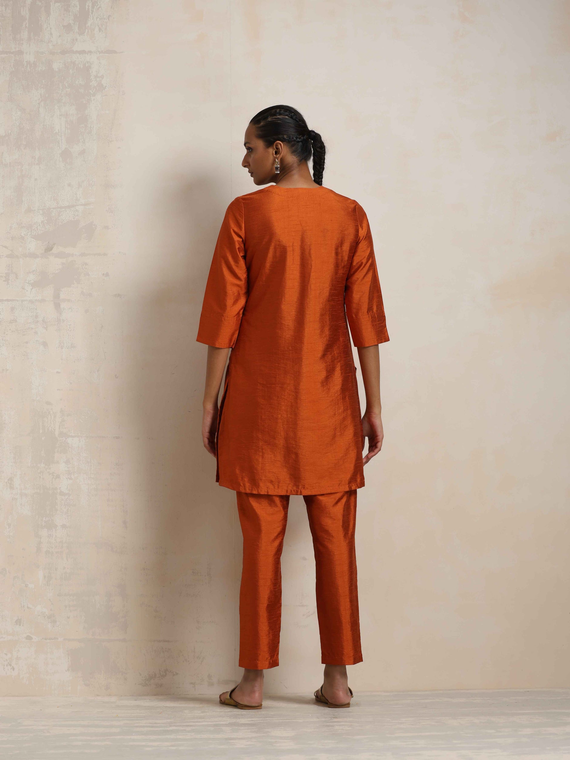 trueBrowns Orange Silk Kurta Co-ord Set - Swadesiicart