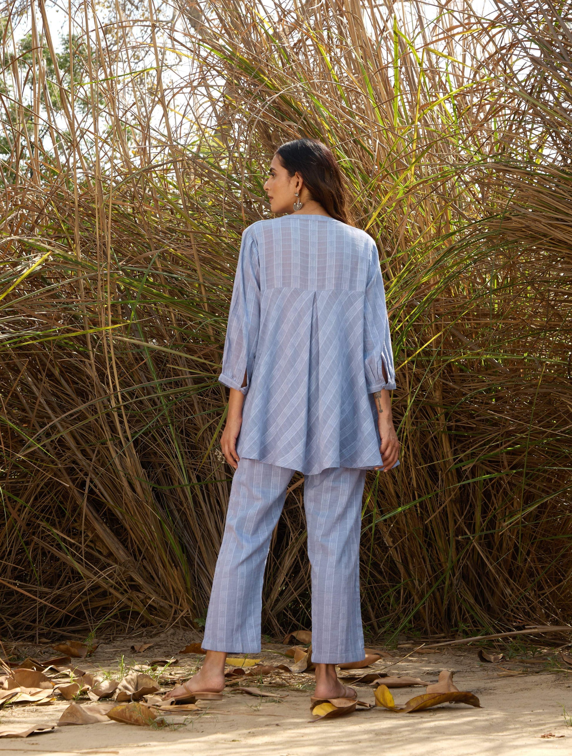 trueBrowns Light Blue Cotton Dobby Flared Co-ord Set - Swadesiicart