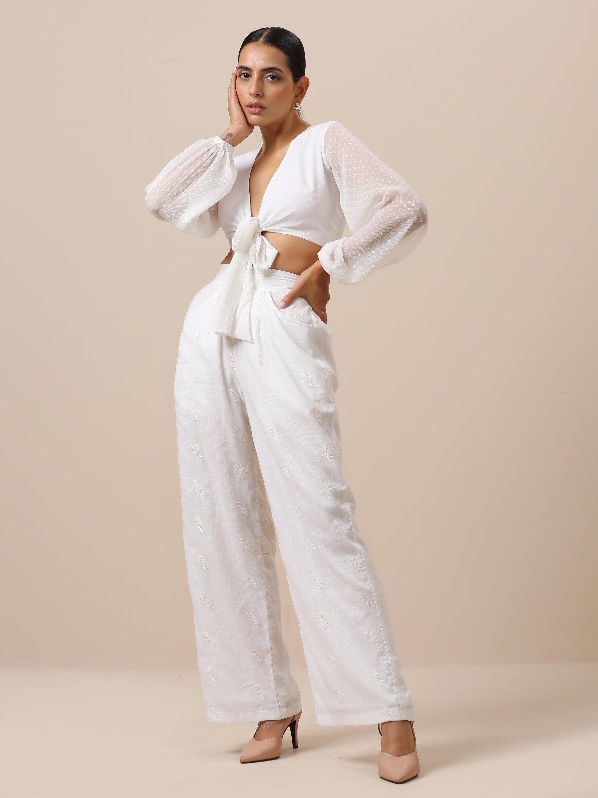 trueBrowns Chiffon White Dobby Tie Up Top | Swadesiicart