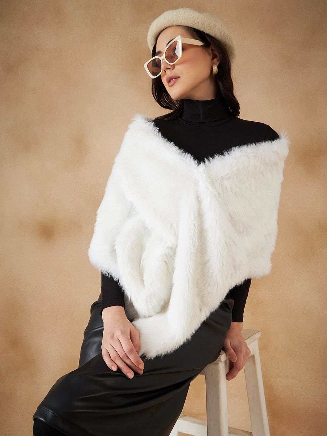 InWeave Women's Pure White Faux Fur Cape - Swadesiicart