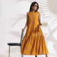 trueBrowns Mustard Cotton Print Tier Dress | Swadesiicart