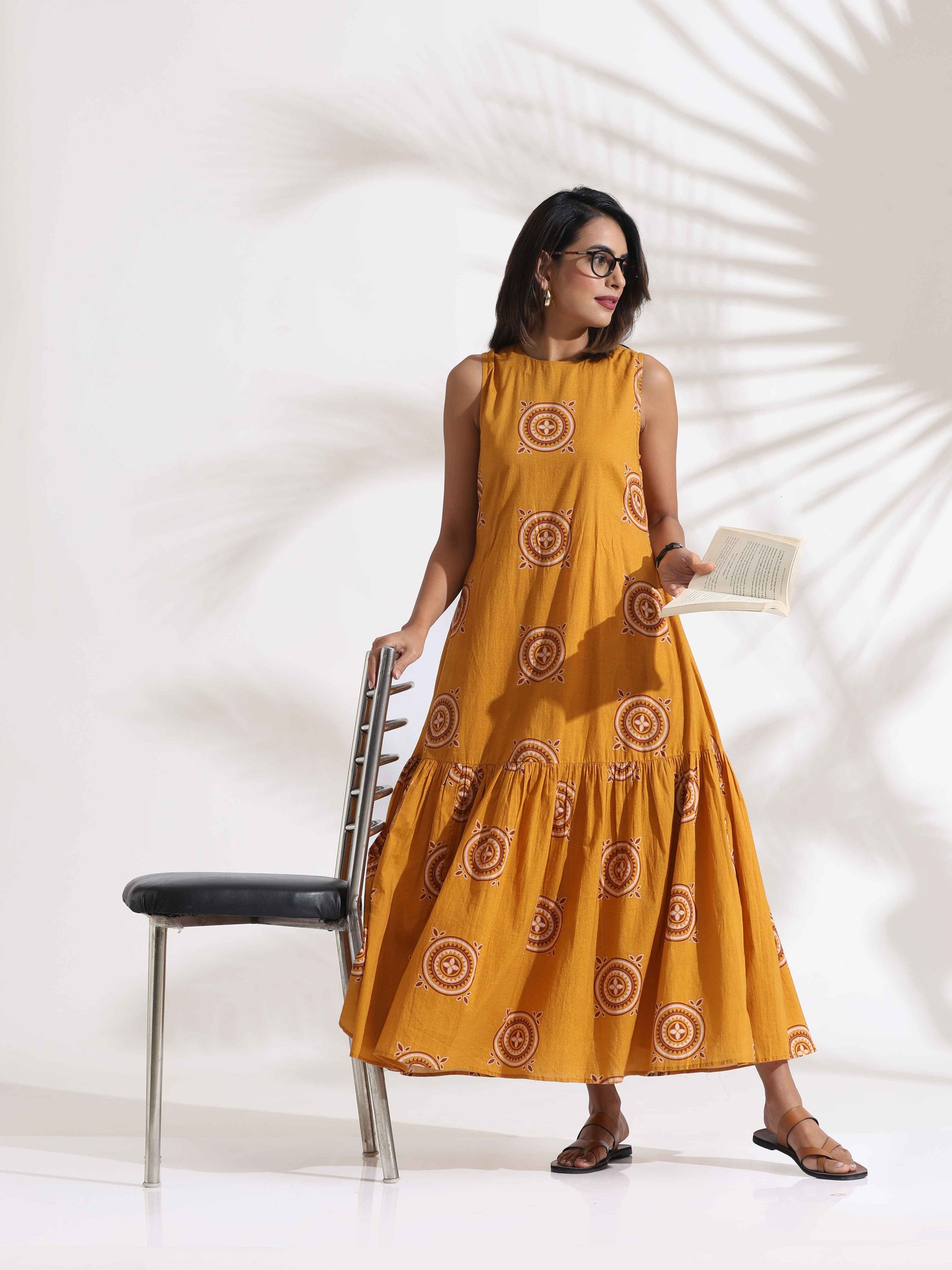trueBrowns Mustard Cotton Print Tier Dress | Swadesiicart
