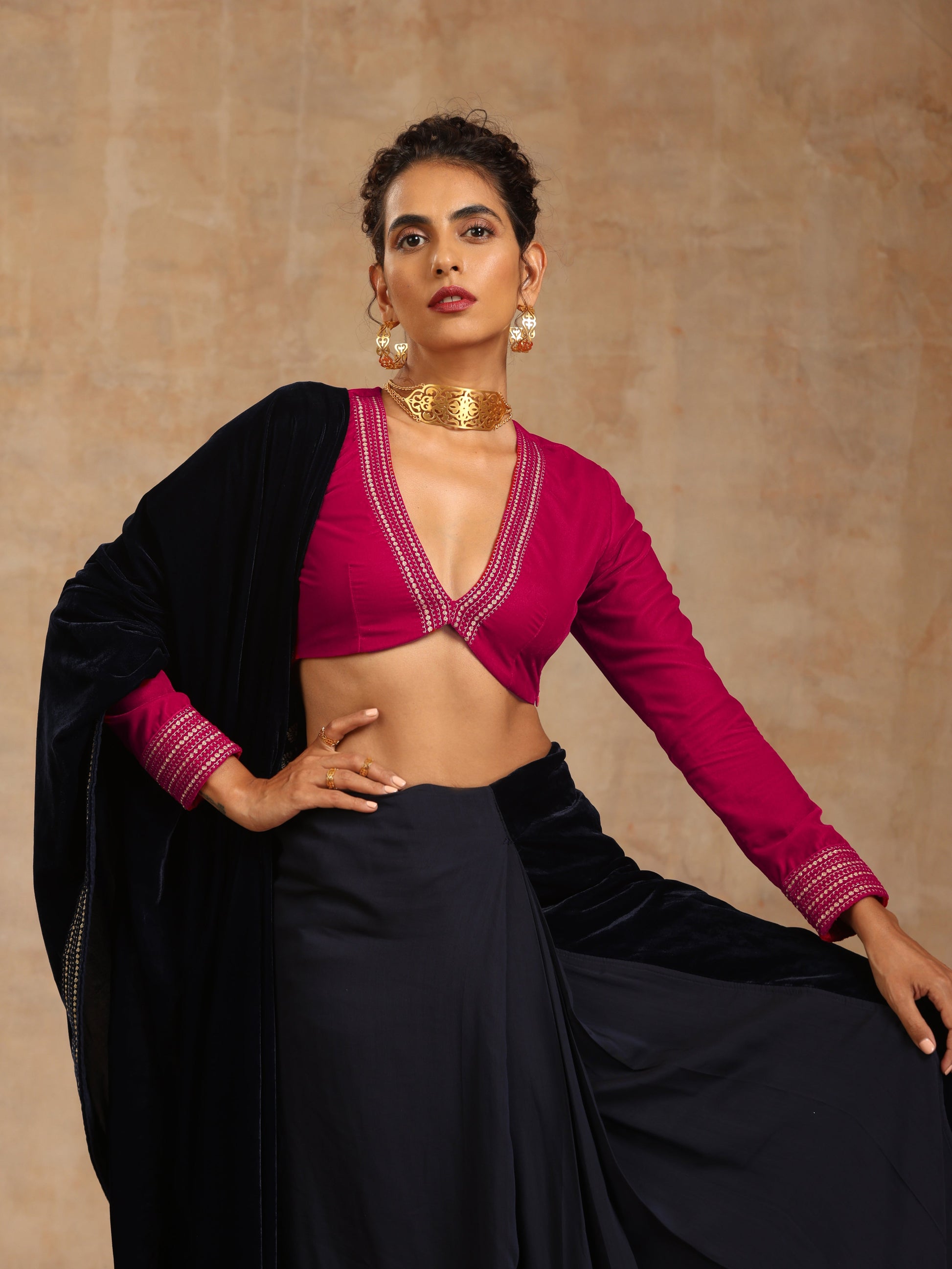 trueBrowns Rani Pink Velvet Embroidered Blouse | Swadesiicart