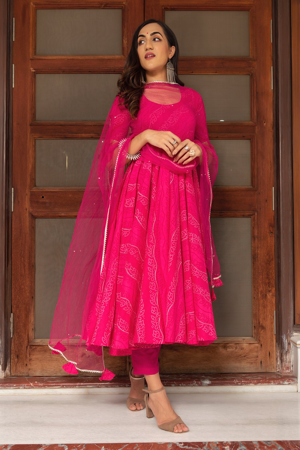 Pomcha Jaipur Bhandhej Pink Cotton Anarkali Set | Swadesiicart