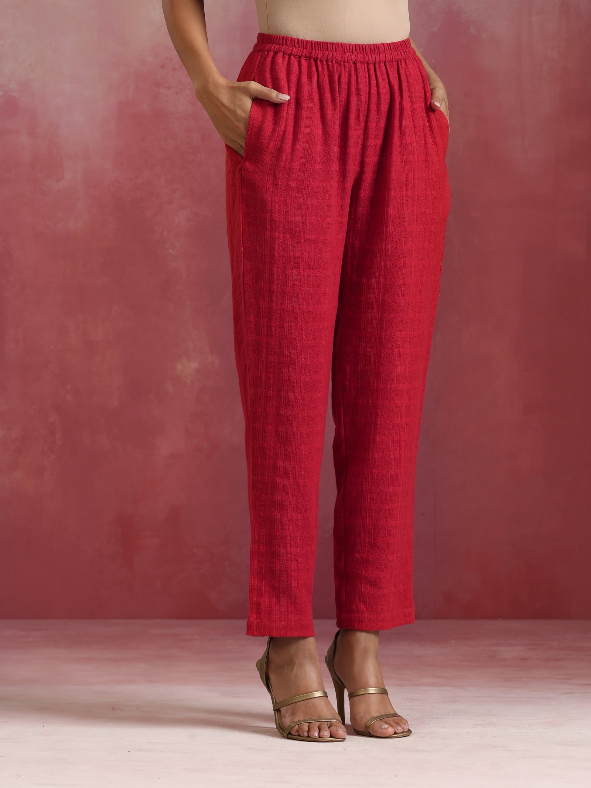 trueBrowns Red Cotton Dobby Kurta Co-ord set - Swadesiicart