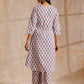 trueBrowns White With Pink Blue Floral Block Print Cotton Flared Slit Kurta Pant Set | Swadesiicart