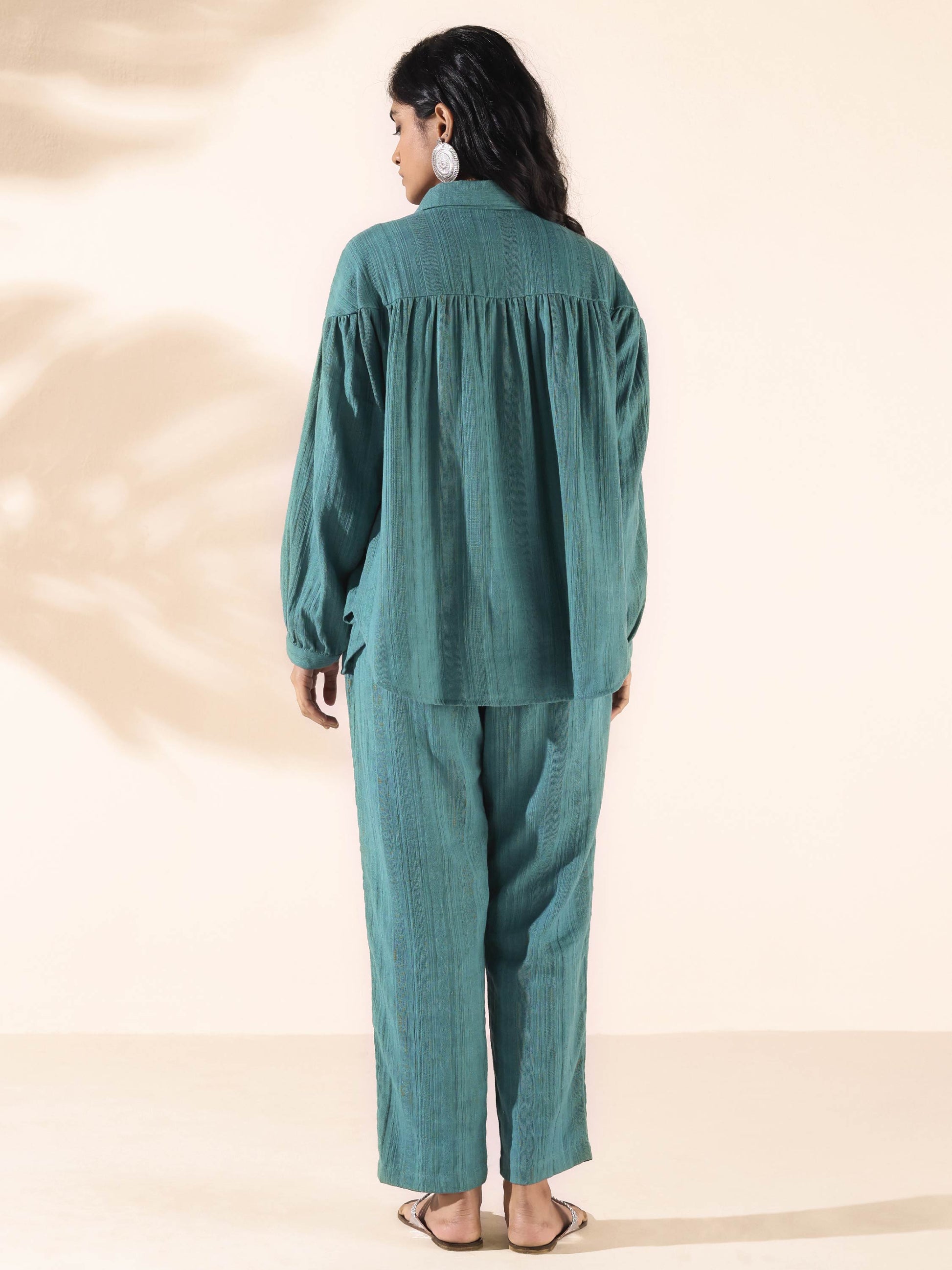 trueBrowns Turquoise Cotton Dobby Shirt Co-ord Set - Swadesiicart
