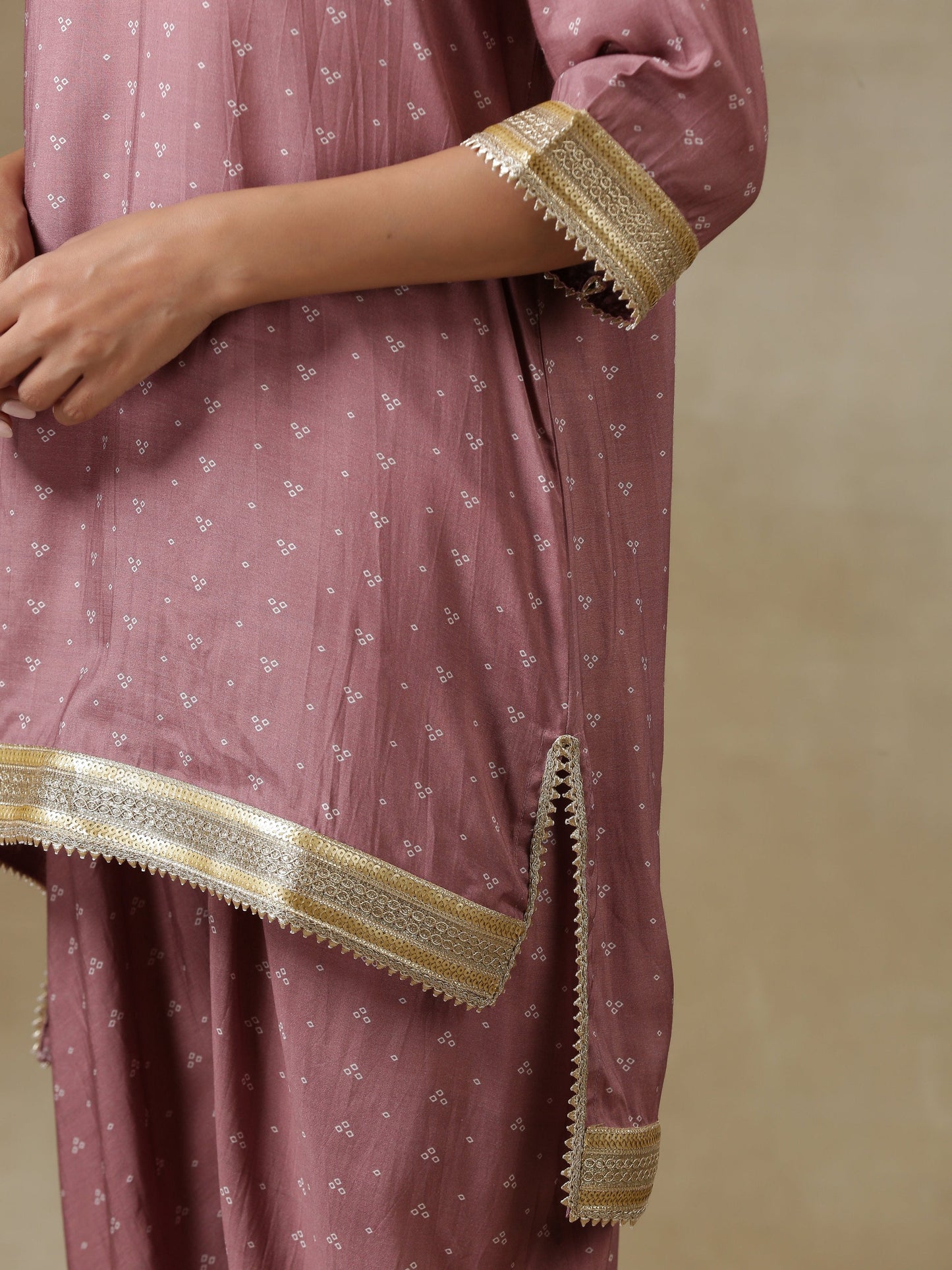 trueBrowns Dark Mauve Bandhani Printed Silk Loose Kurta Dhoti Pant Set | Swadesiicart
