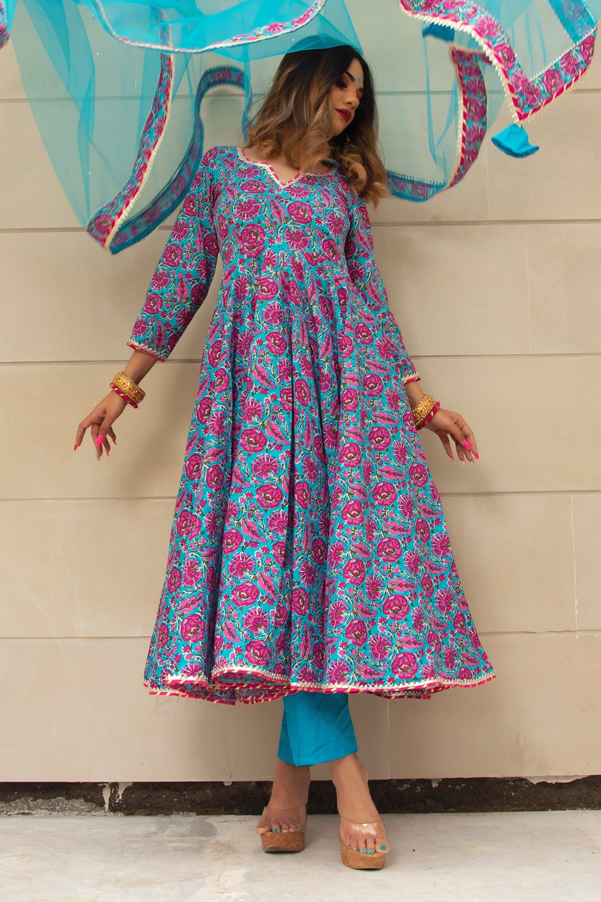 Pomcha Jaipur Chitra Hand Block Cotton Anarkali Set | Swadesiicart