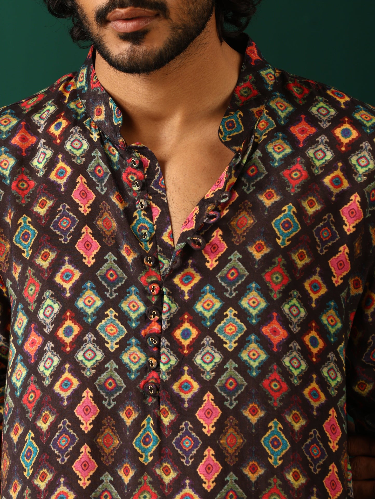 trueBrowns Men's Black Ikat Muslin Silk Printed Co-ord Set - Swadesiicart