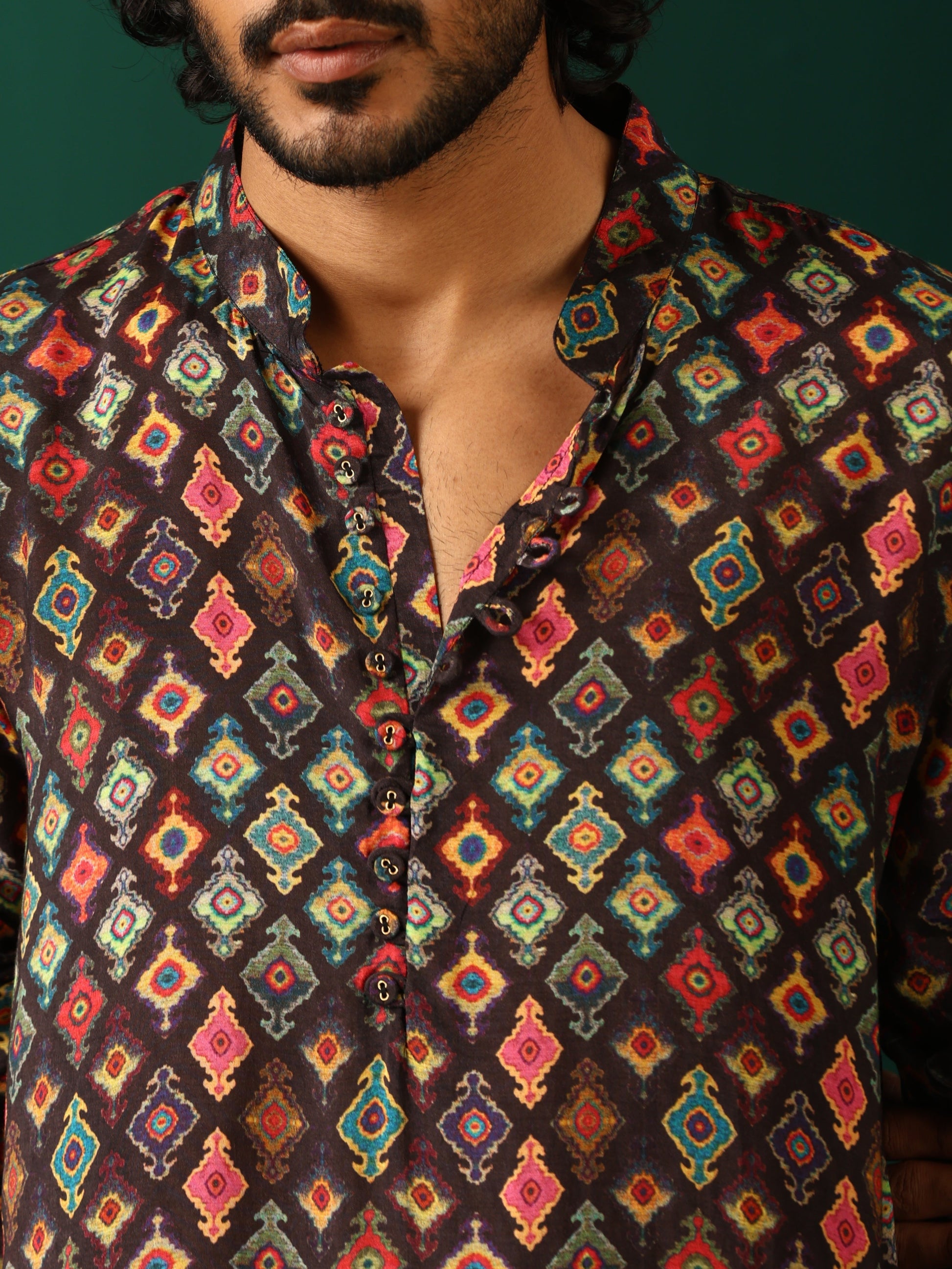 trueBrowns Men's Black Ikat Muslin Silk Printed Co-ord Set - Swadesiicart