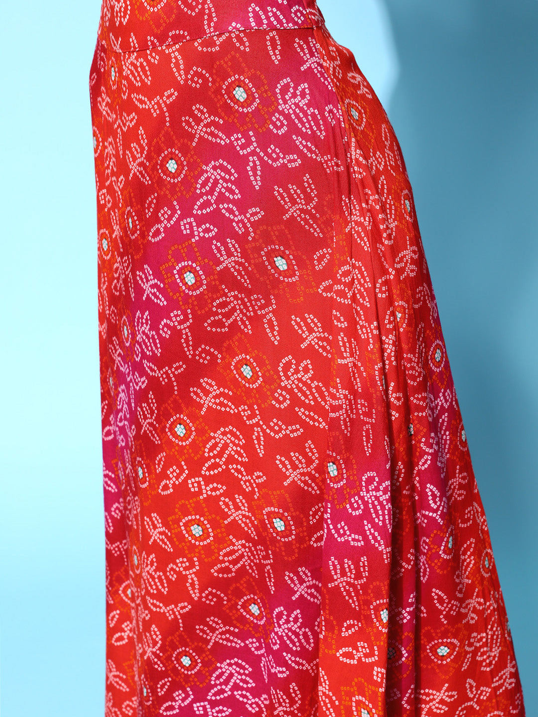 InWeave Women's Red Bandhej Crop Top With Skirt Set - Swadesiicart