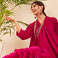 InWeave Women's Fuchsia Velvet Manderia V Neck Flared Dress - Swadesiicart
