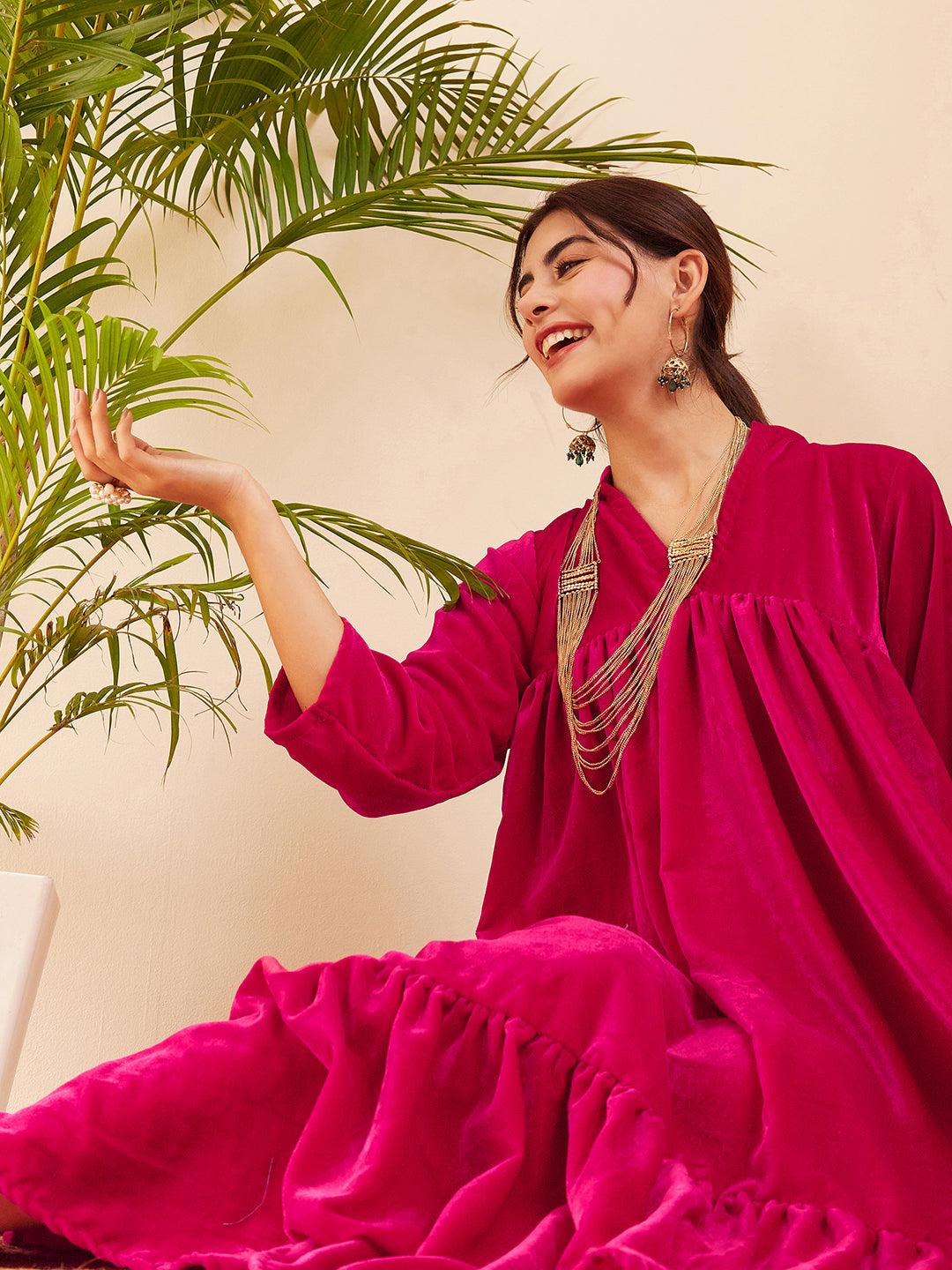 InWeave Women's Fuchsia Velvet Manderia V Neck Flared Dress - Swadesiicart
