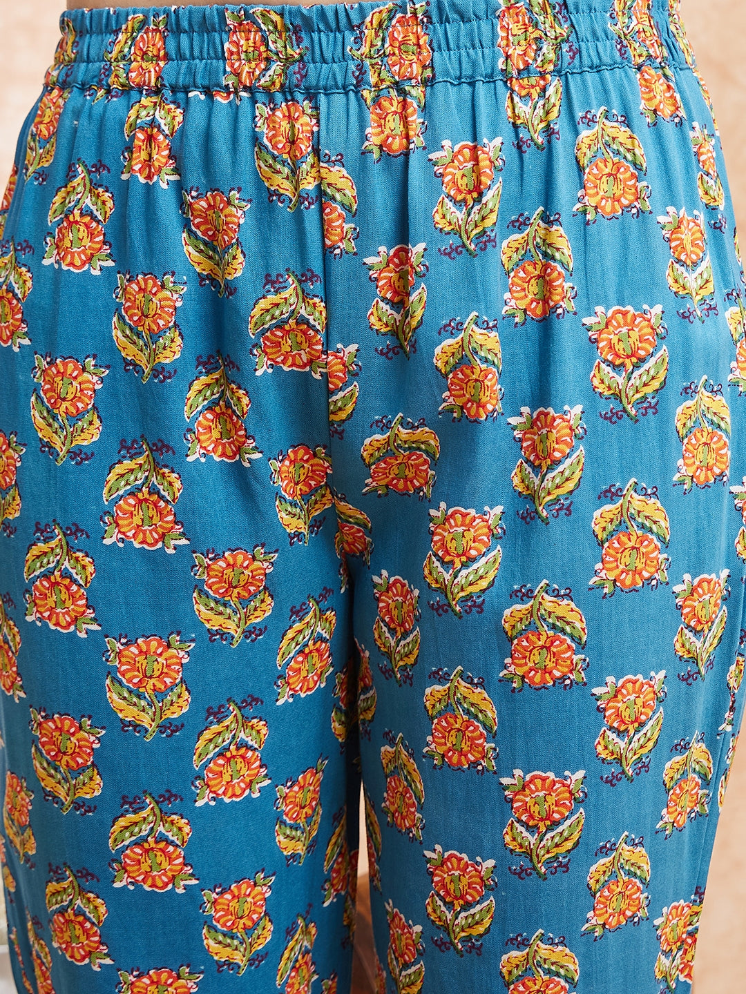 InWeave Women's Blue Orange Floral Yellow White Leh V Neck Kurta Set - Swadesiicart