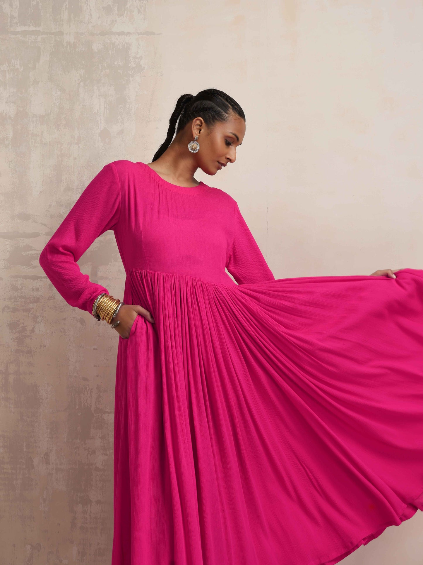 trueBrowns Pink Crinkle Anarkali Kurta Pant Dupatta Set | Swadesiicart