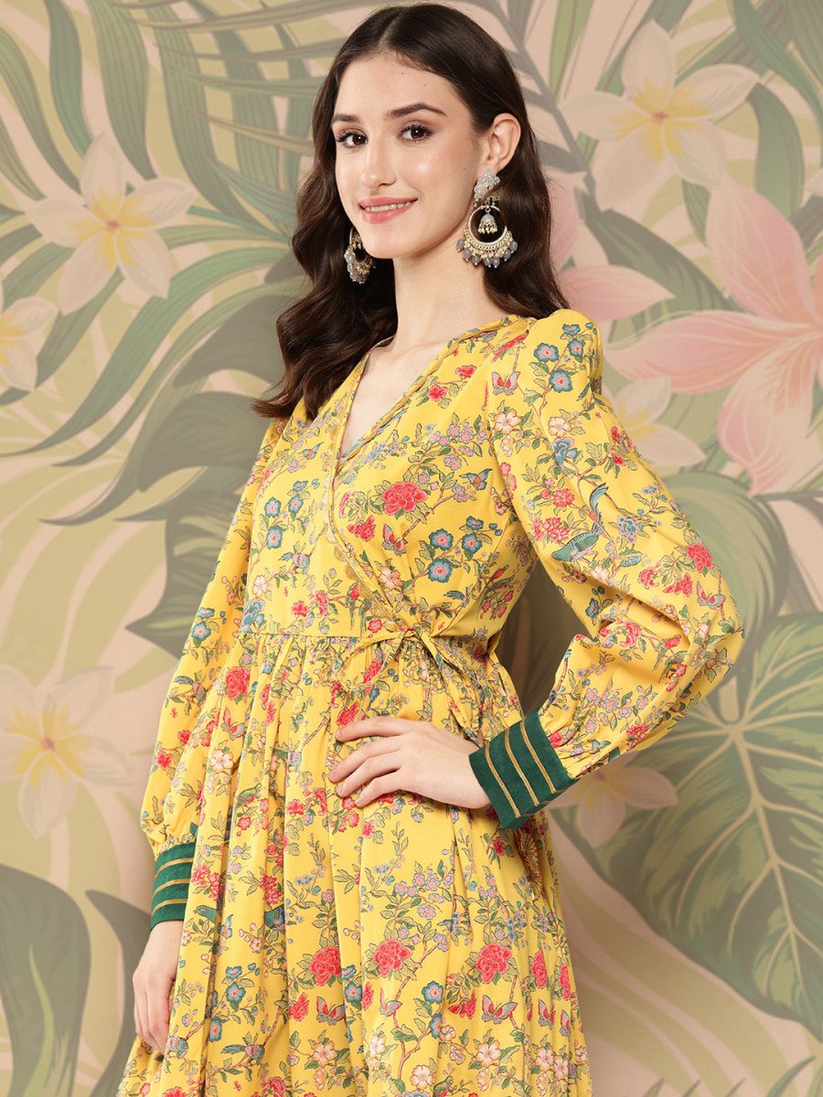 Ahalyaa Floral Printed Tie-Ups Crepe Empire Ethnic Dress | Swadesiicart