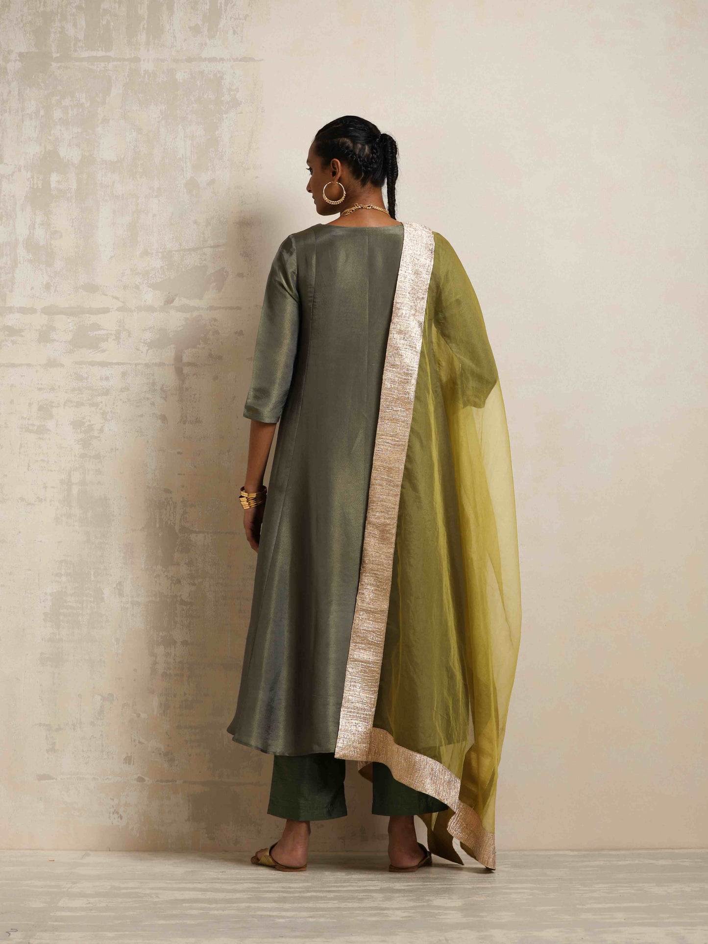 trueBrowns Green Tissue Anarkali Kurta Dupatta Set | Swadesiicart