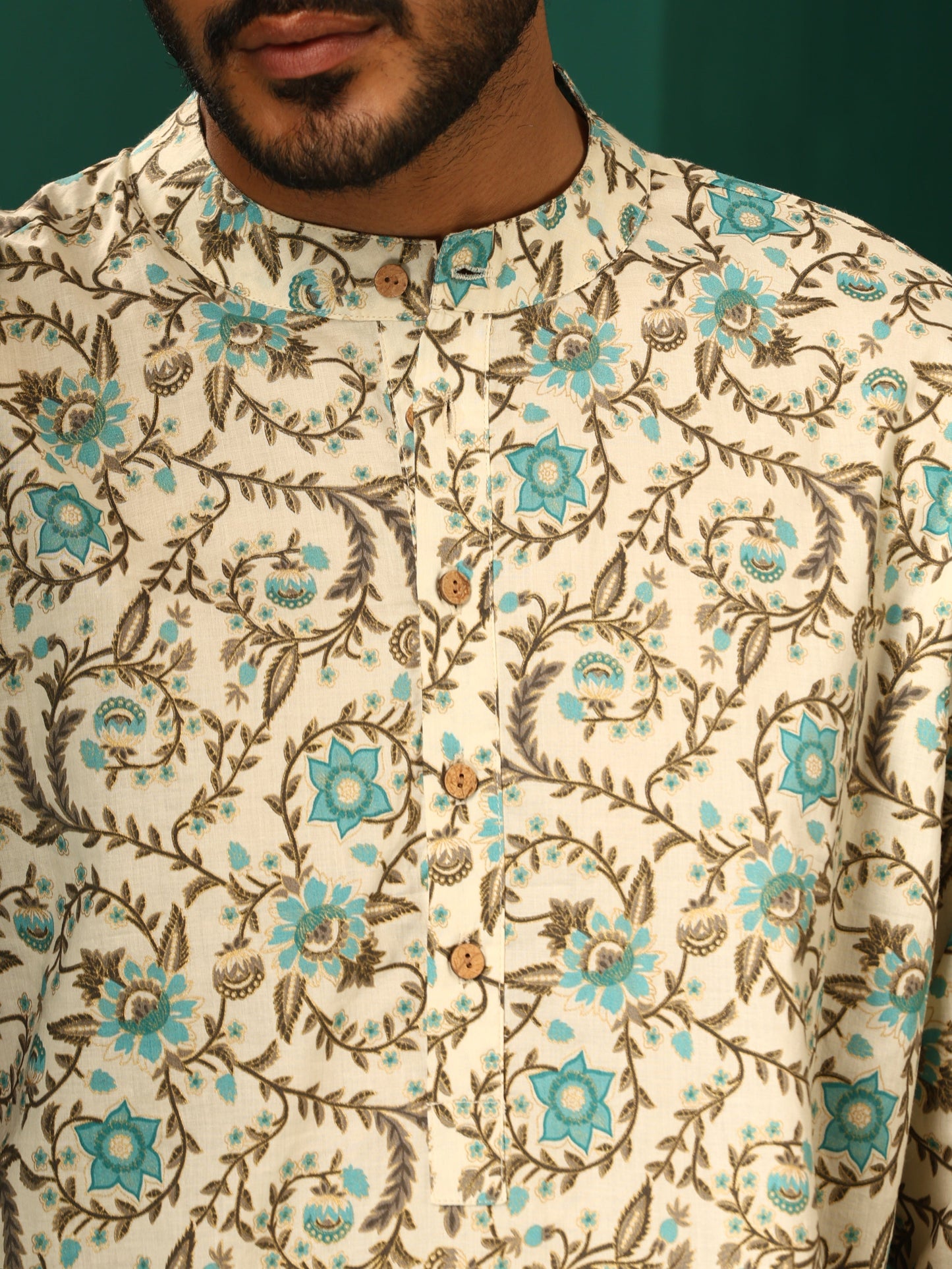 trueBrowns Men's Teal Floral Cotton Printed Co-ord Set - Swadesiicart