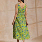 trueBrowns Lime Green Overall Teal Floral Block Print Cotton Sleeveless Wrap Dress | Swadesiicart