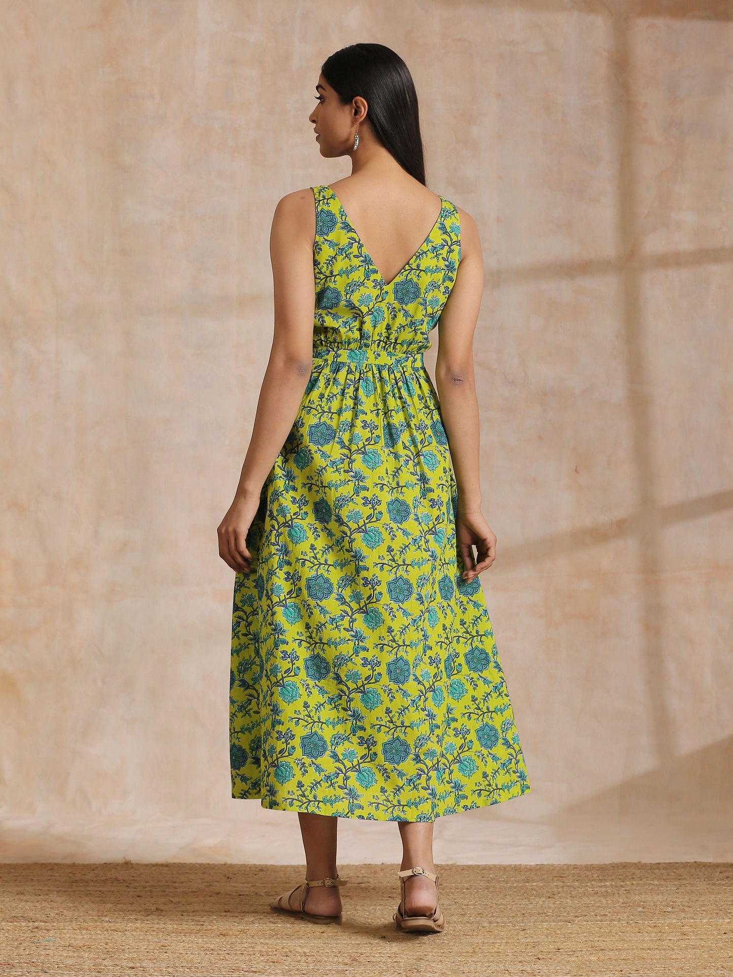 trueBrowns Lime Green Overall Teal Floral Block Print Cotton Sleeveless Wrap Dress | Swadesiicart