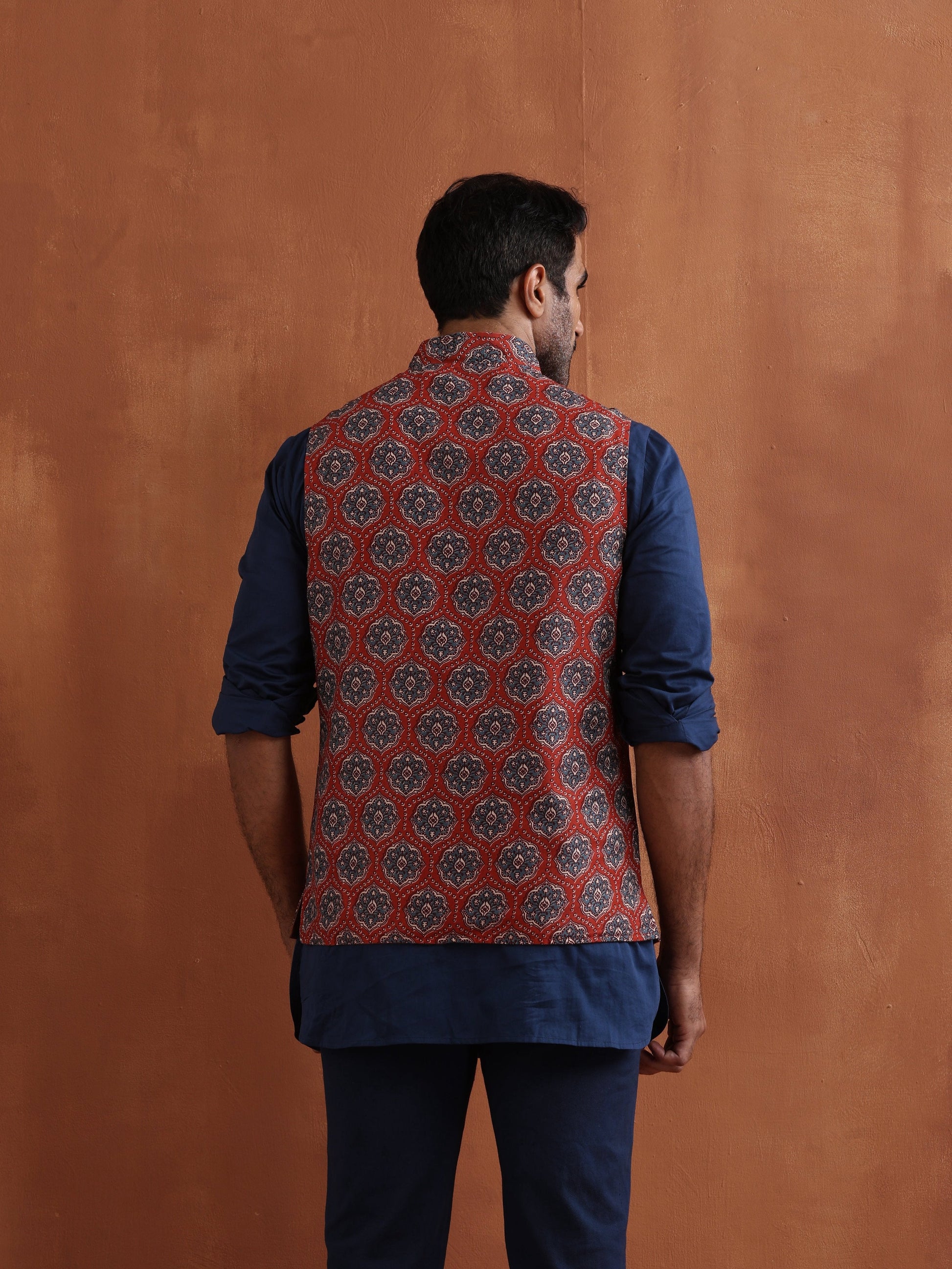 trueBrowns Men's Rust Printed Reversible Nehru Jacket | Swadesiicart