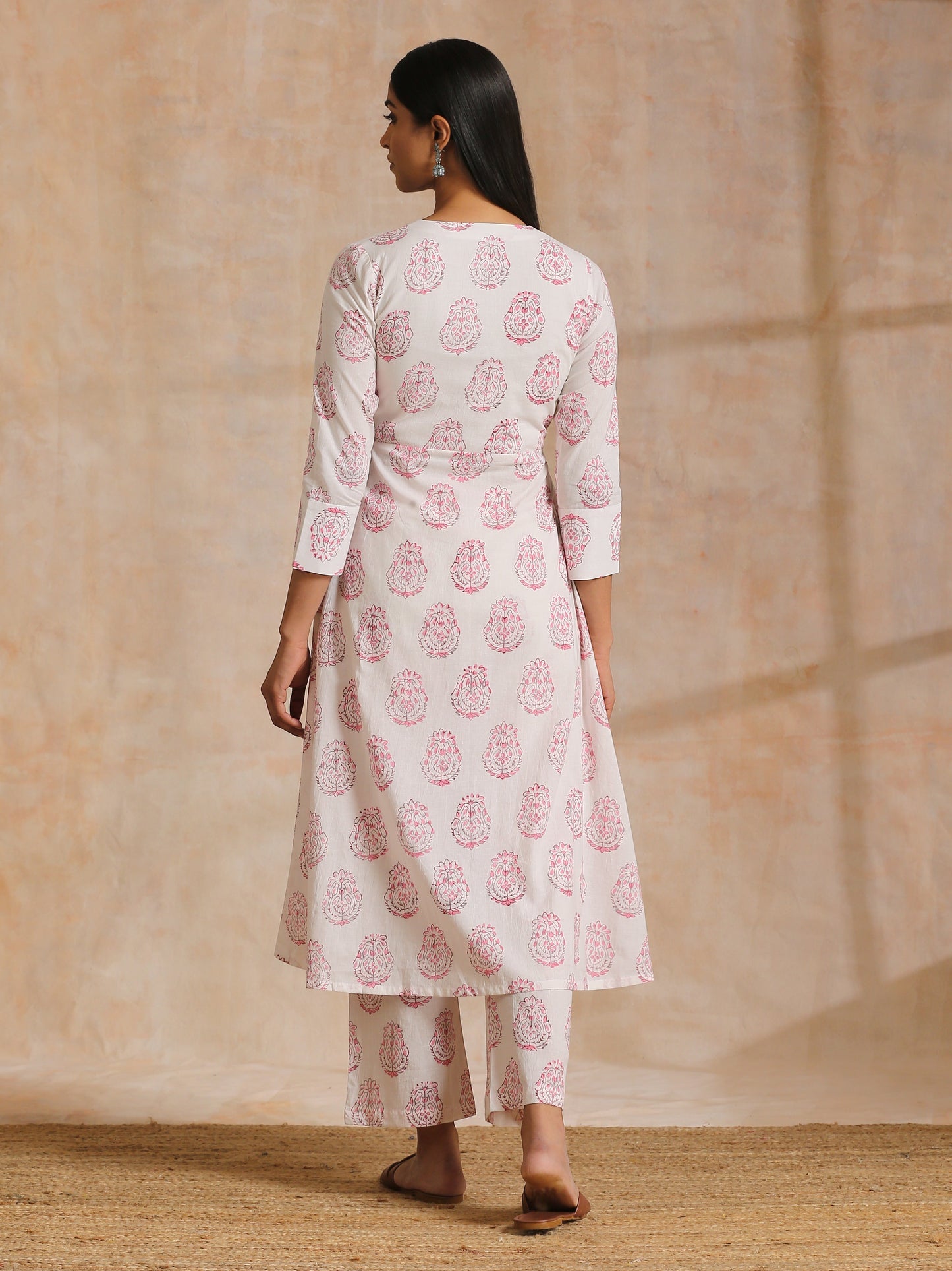 trueBrowns Pink Big Buta On White Print Cotton Angrakha Kurta Pant Set | Swadesiicart
