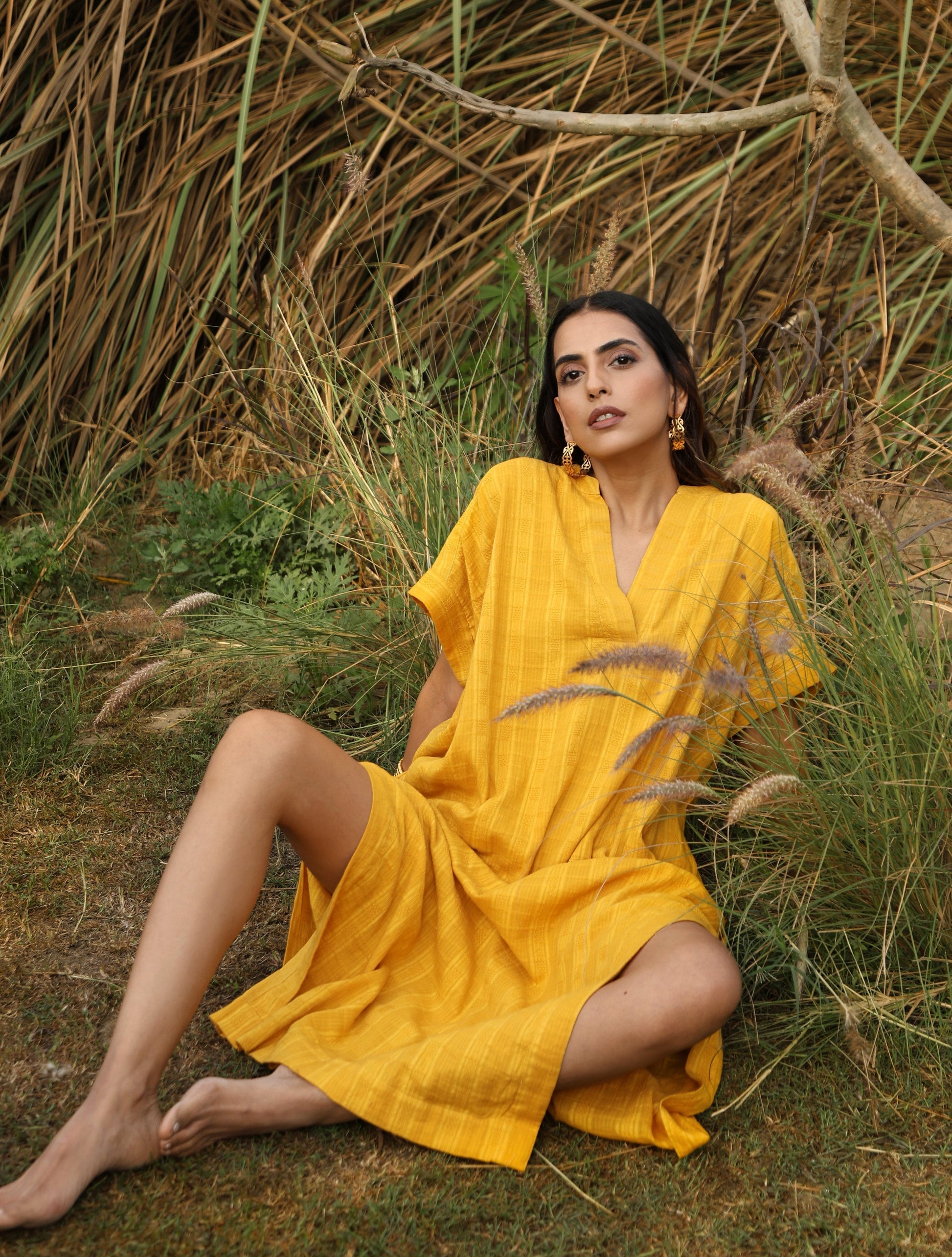 trueBrowns Mustard Cotton Dobby Oversized Dress | Swadesiicart