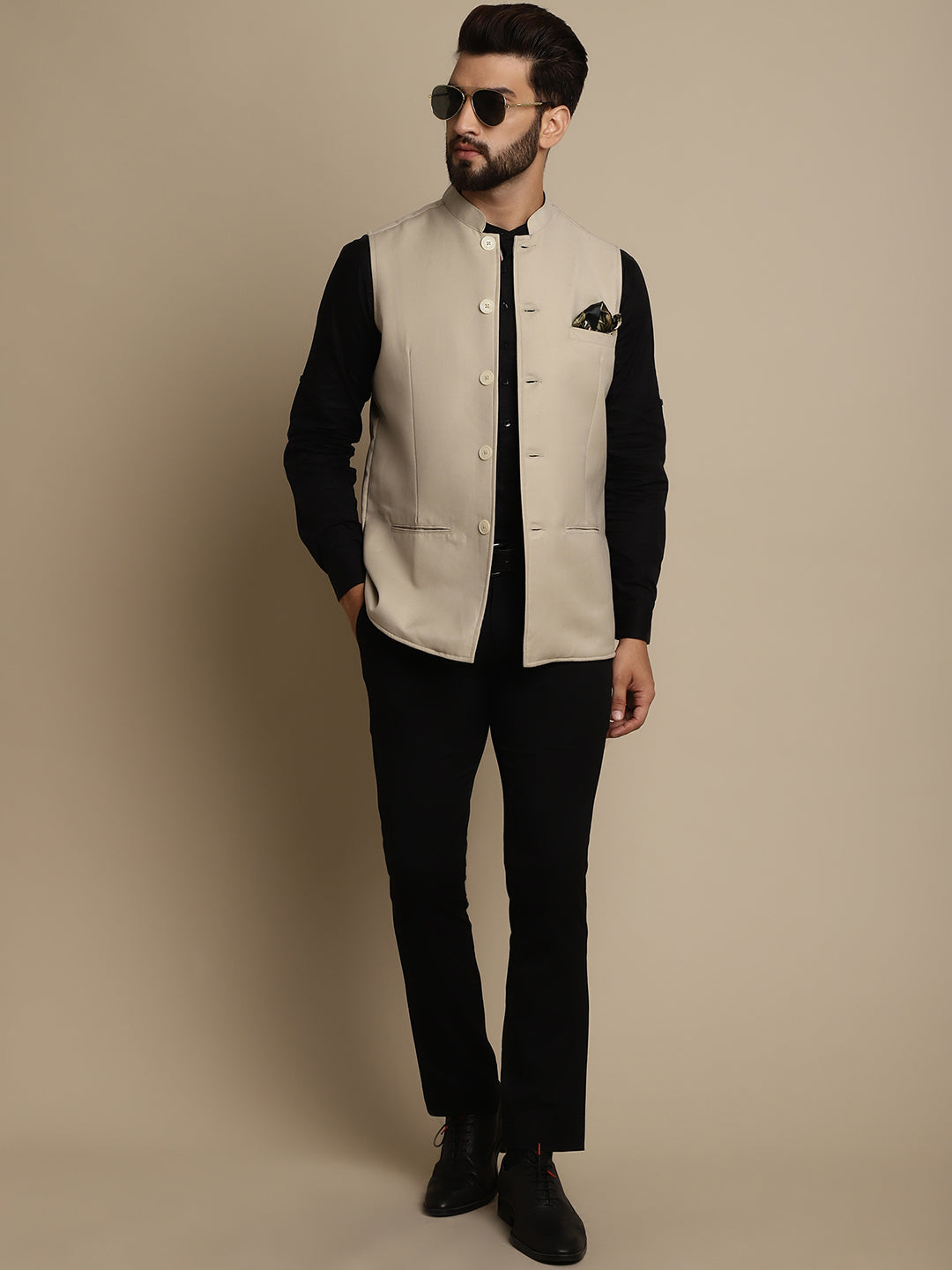 Even Apparels Men's Cream Mandarin Collar Waistcoat | Swadesiicart