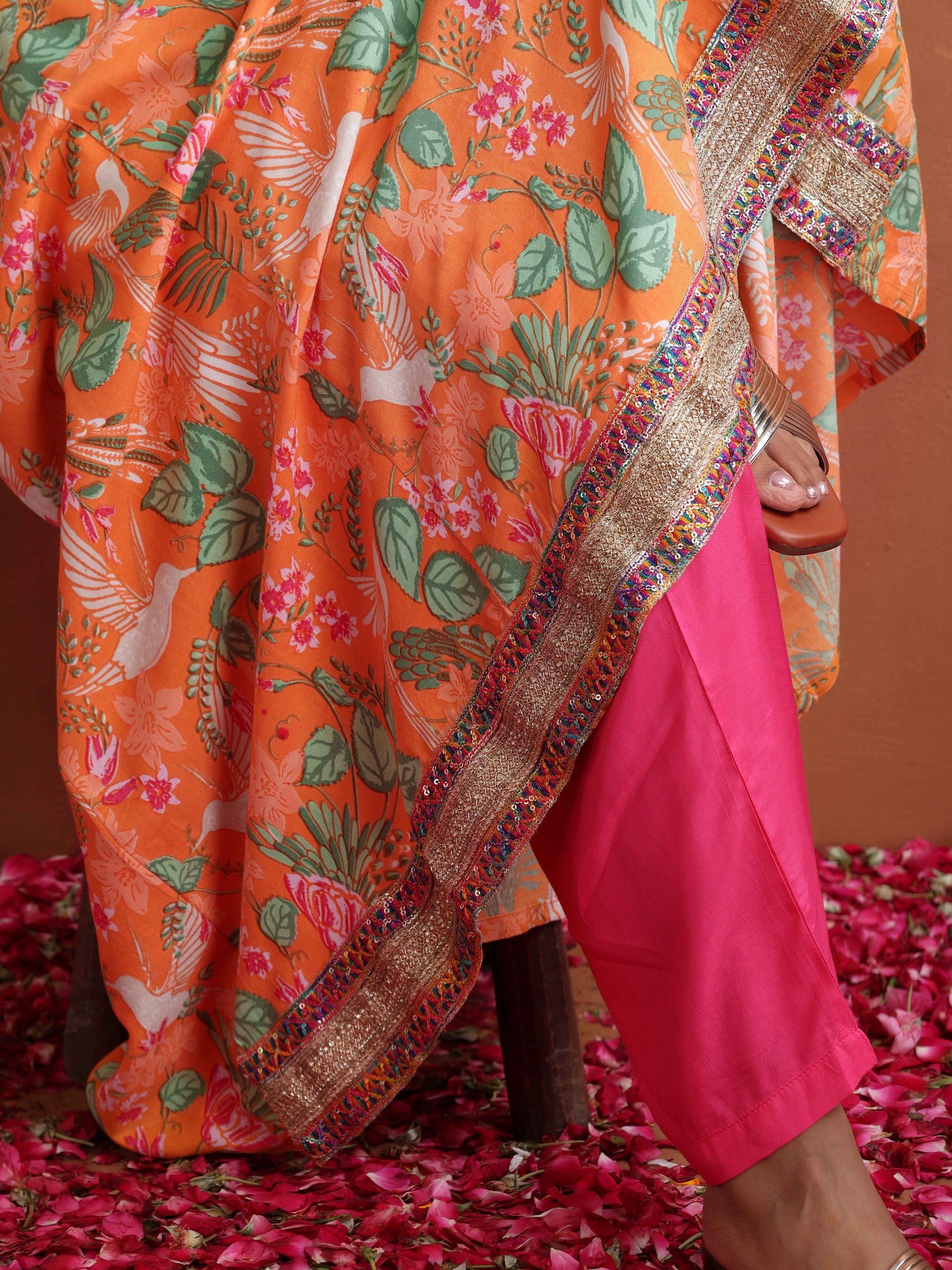 trueBrowns Orange Print Flared Anarkali Kurta Set | Swadesiicart