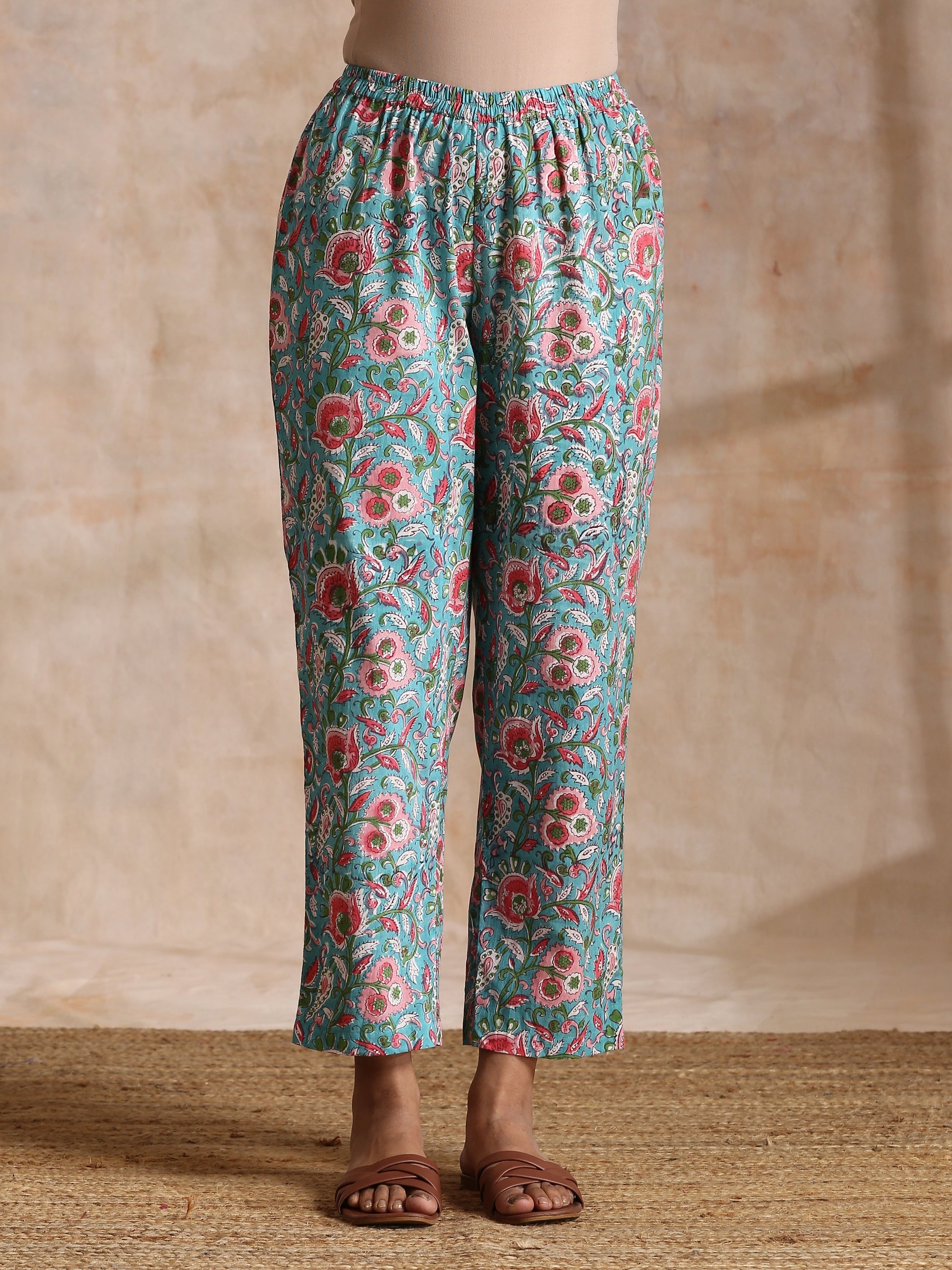 trueBrowns Turkish Blue Overall Floral Block Print Cotton Flared Kurta Pant Set | Swadesiicart