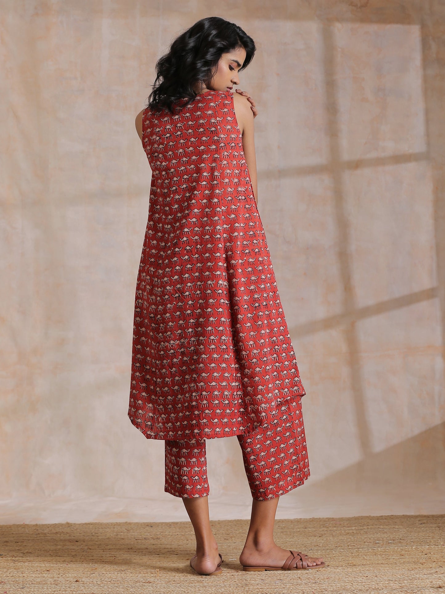 trueBrowns Rust Red Bagru Camel Print Cotton High-Low Co-Ord Set - Swadesiicart