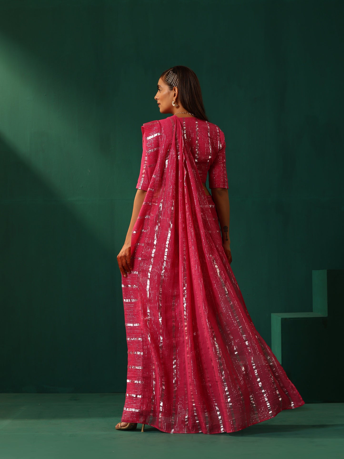 trueBrowns Rani Pink Cotton Silver Lurex Striped Ready to Wear Saree | Swadesiicart