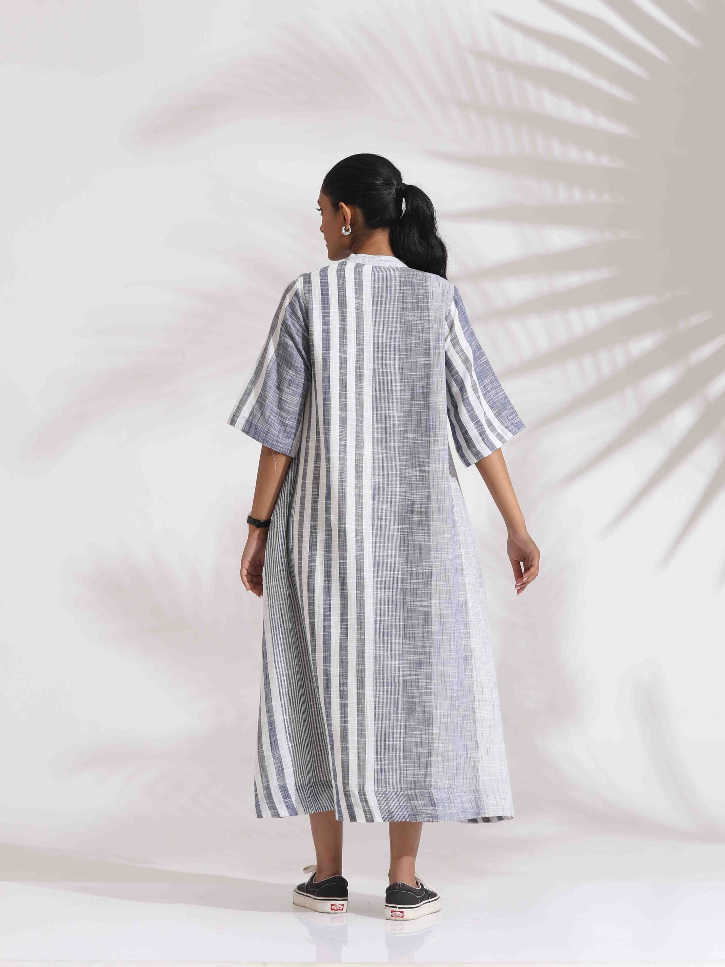 trueBrowns Off-White Cotton Multi Stripe Flared Dress | Swadesiicart