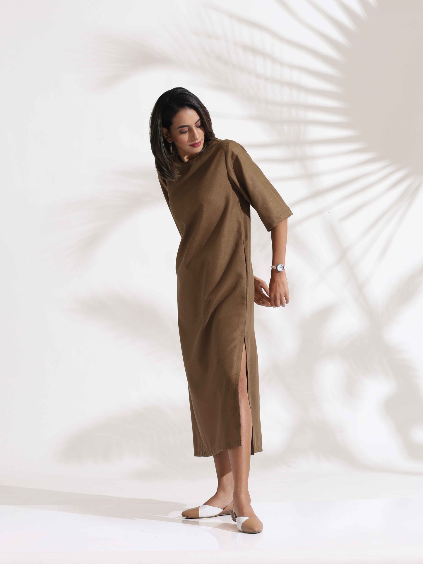 trueBrowns Brown Slub Dress | Swadesiicart
