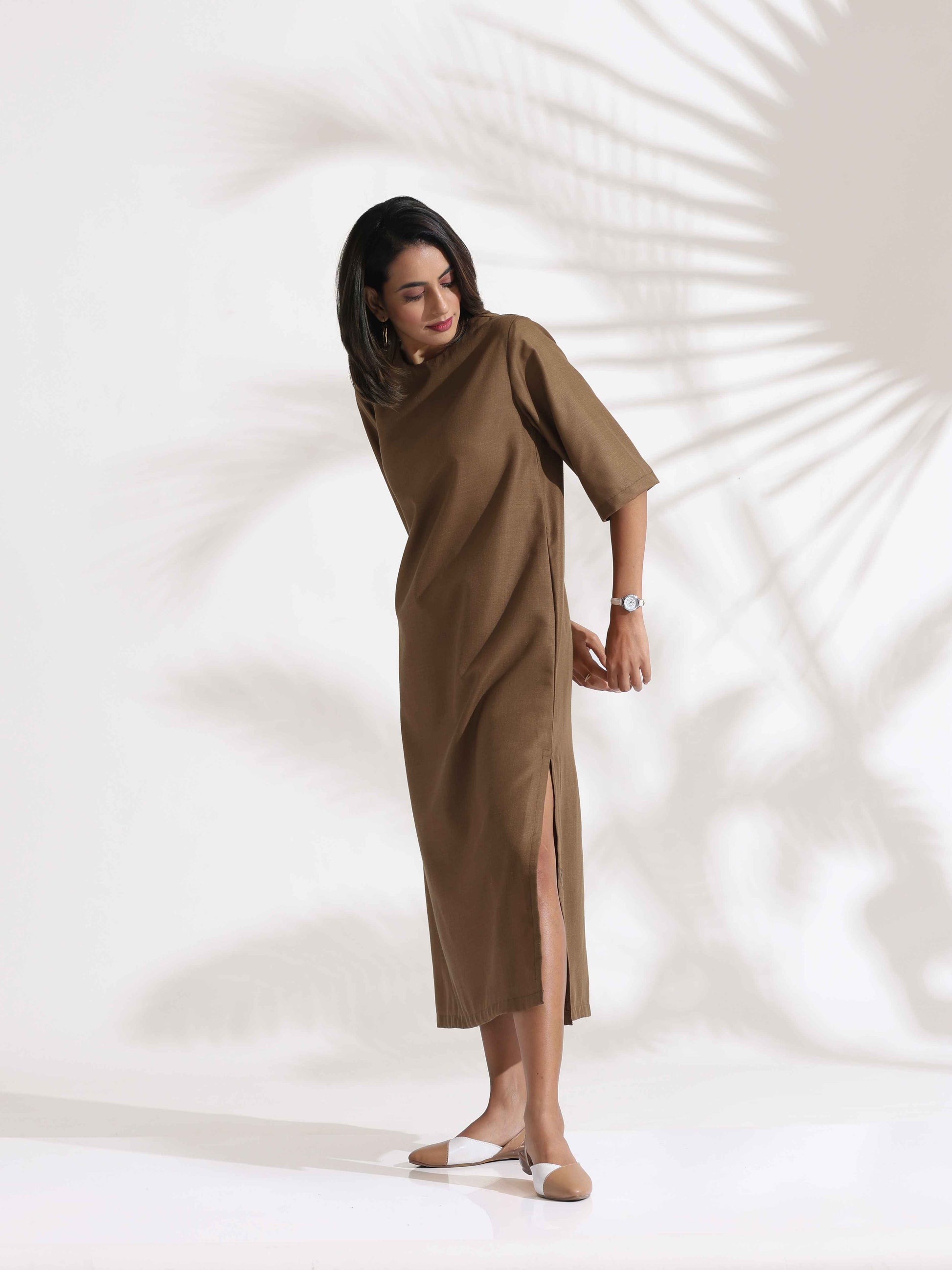trueBrowns Brown Slub Dress | Swadesiicart