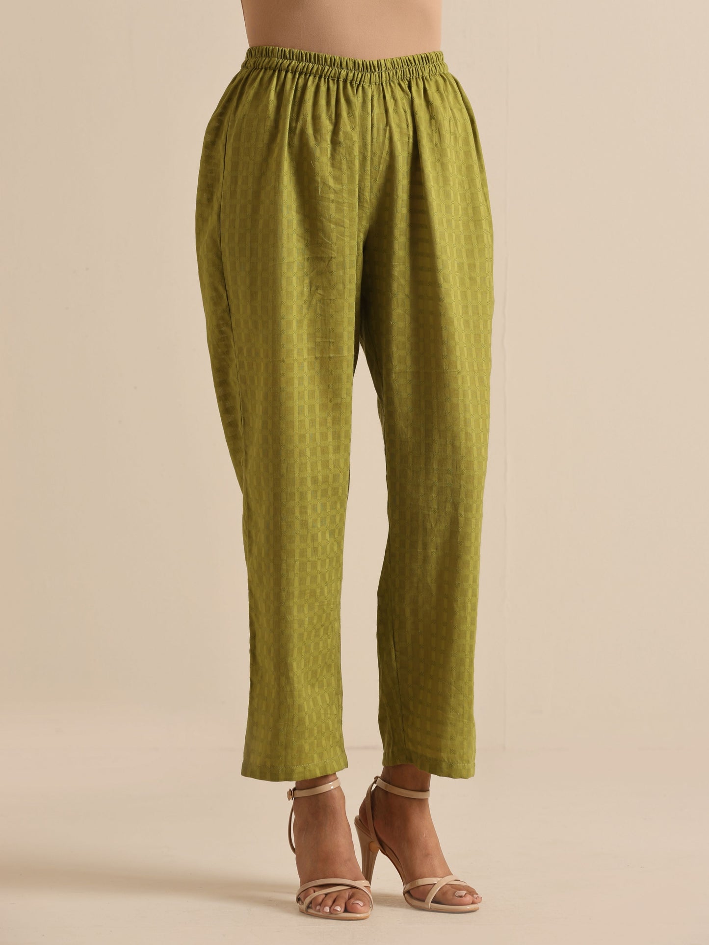 trueBrowns Fresh Green Dobby Puff Sleeve Kurta Pant Set | Swadesiicart