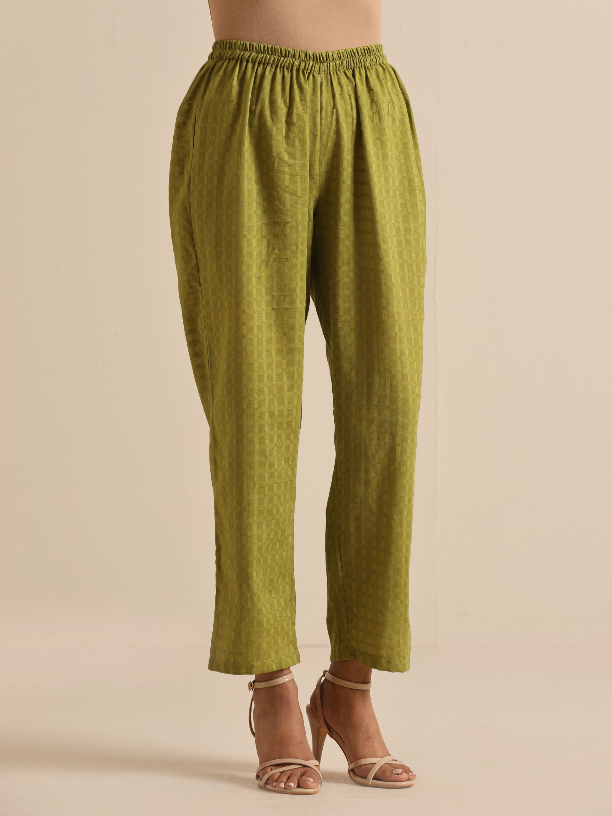 trueBrowns Fresh Green Dobby Puff Sleeve Kurta Pant Set | Swadesiicart