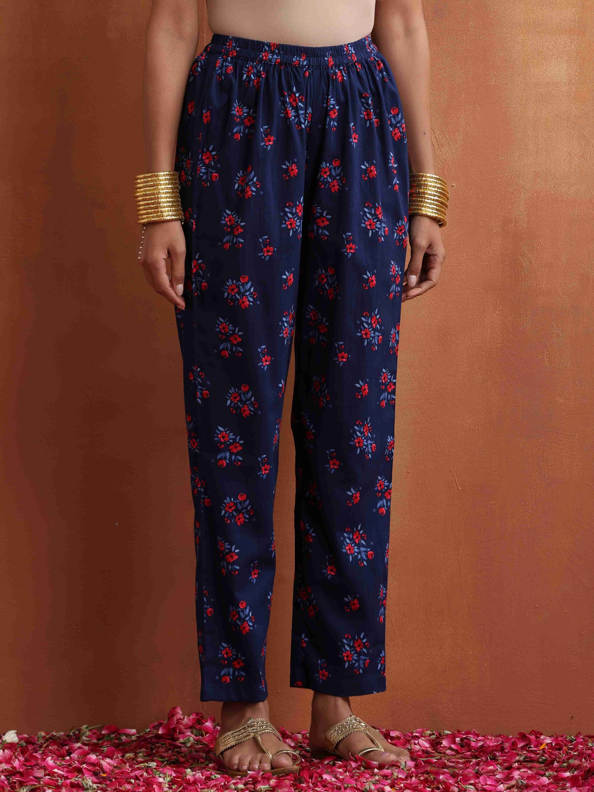 trueBrowns Blue Floral Print Flared Anarkali Kurta Co-ord Set - Swadesiicart