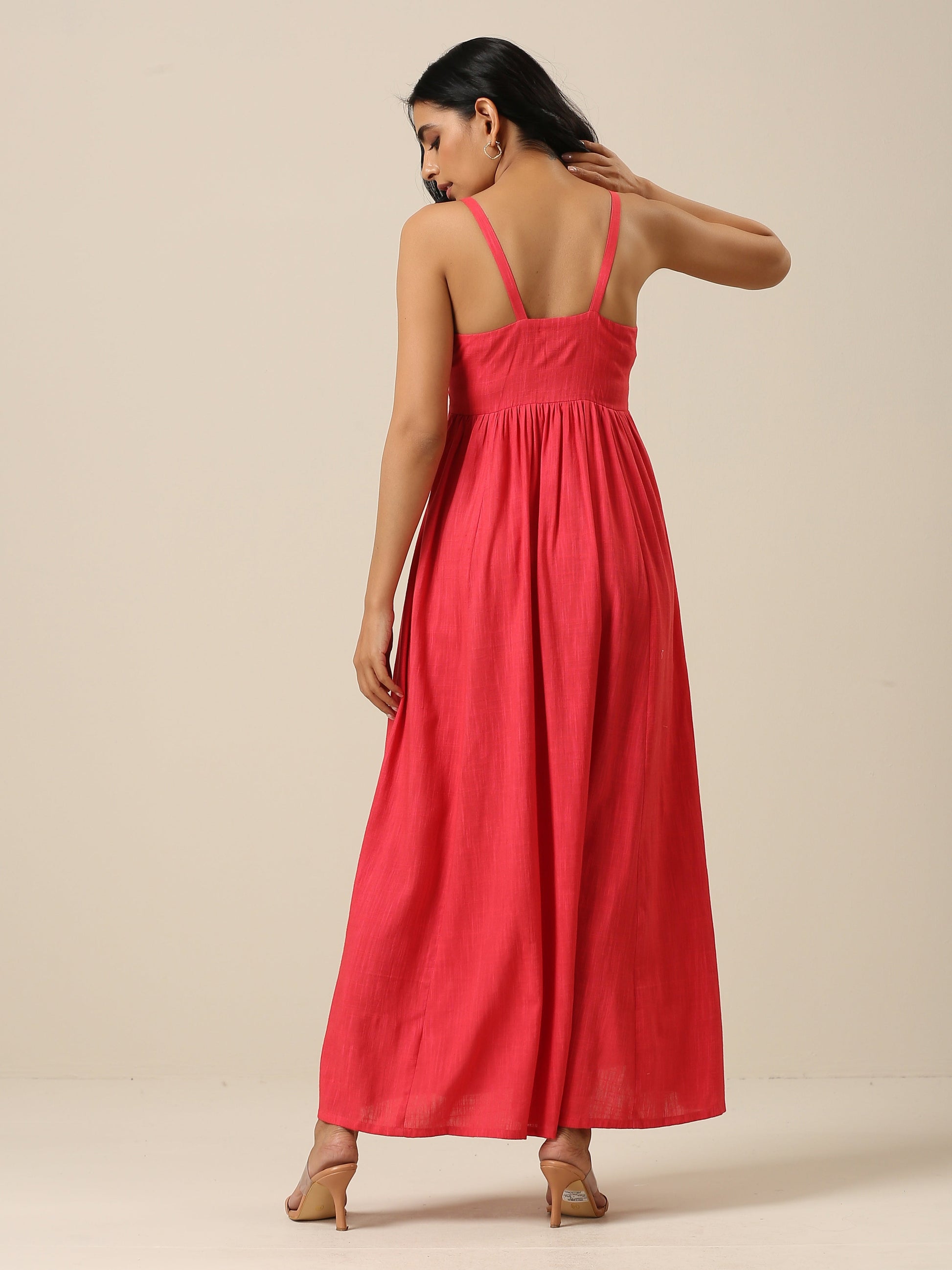 trueBrowns Bright Pink Slub Texture Sleeveless Dress | Swadesiicart