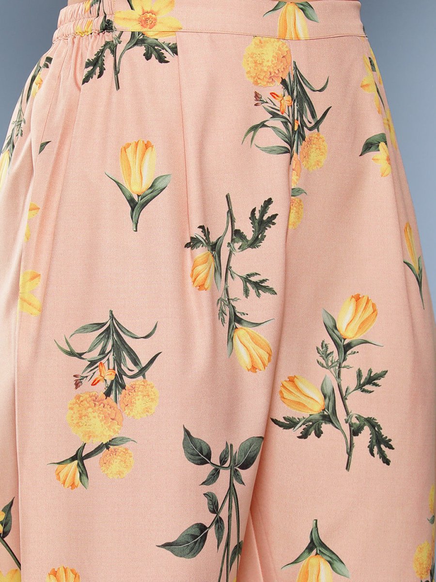 Ahalyaa Women Nude-Coloured Floral Printed Gotta Patti Kurta with Trousers & With Dupatta | Swadesiicart